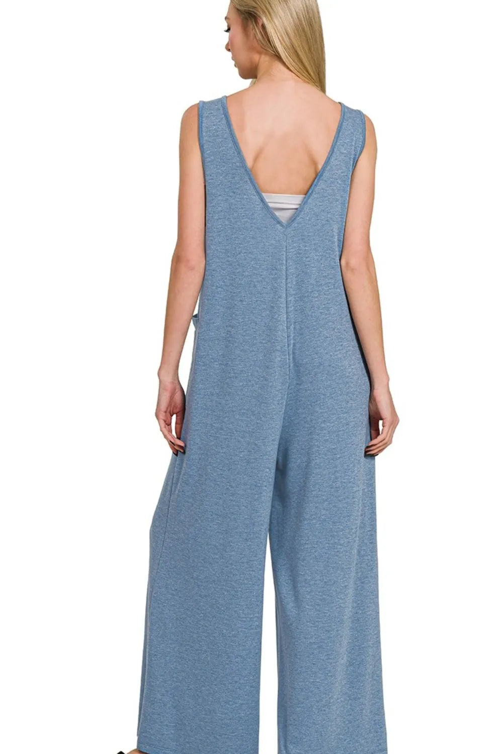 French Terry Deep V Neck Jumpsuit back view