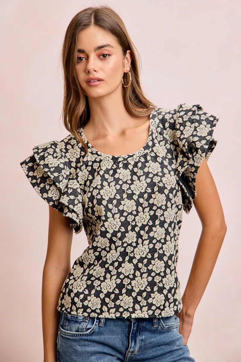 Black and light grey floral jacquard ruffle sleeve top front view