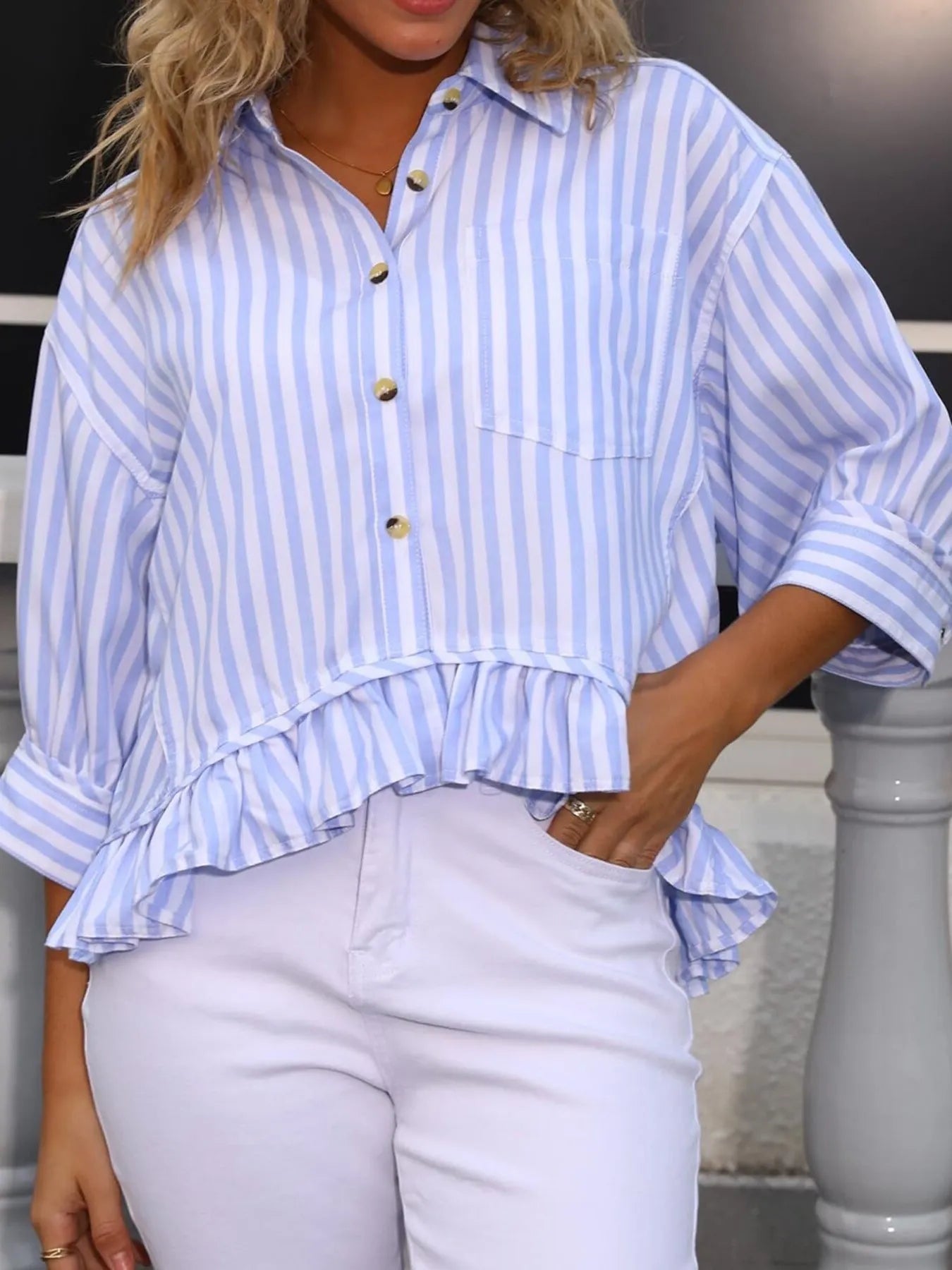 Striped Ruffle Hem Button-Up Shirt - Fashorio