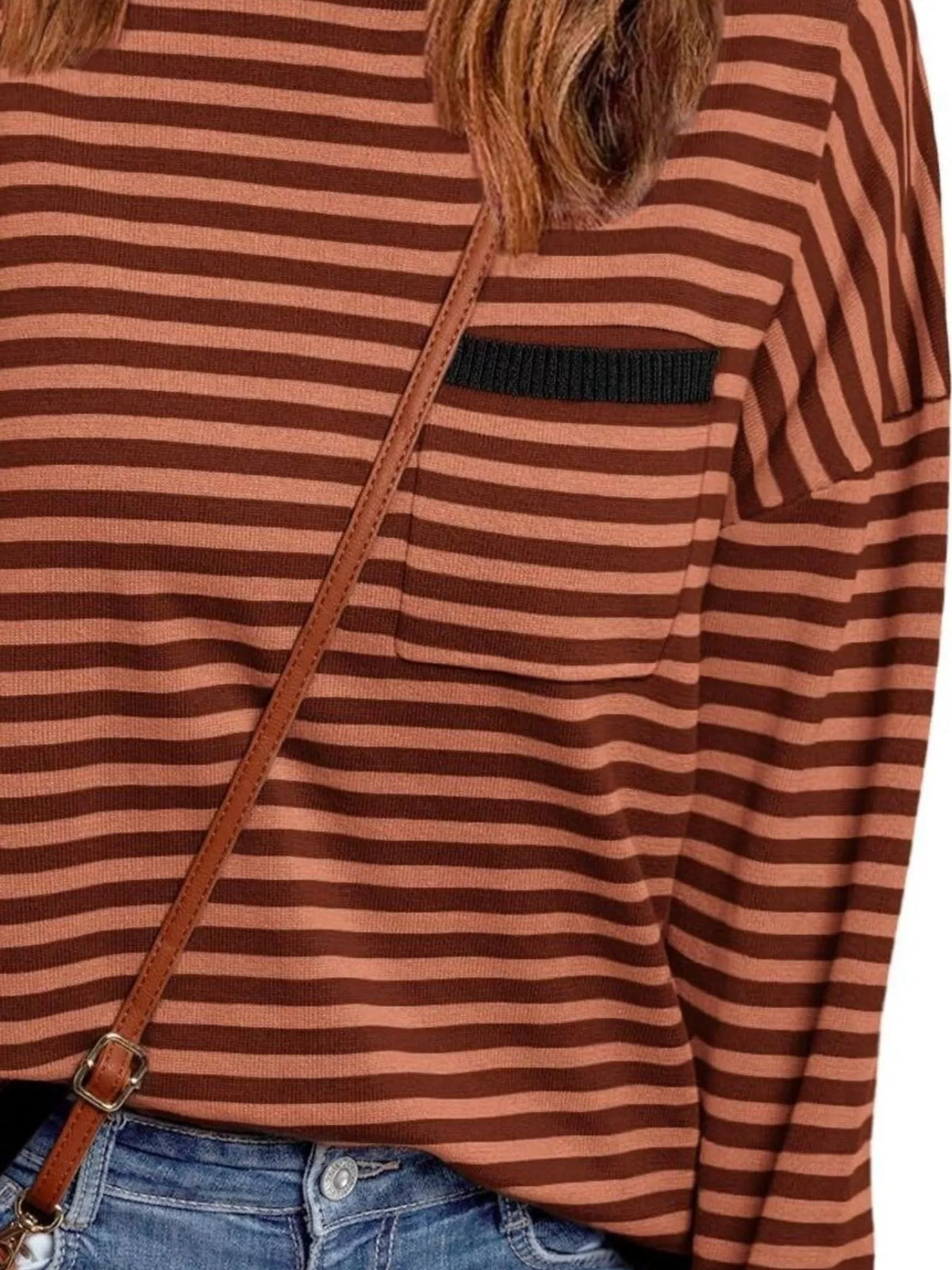 Striped round neck knit top detail view