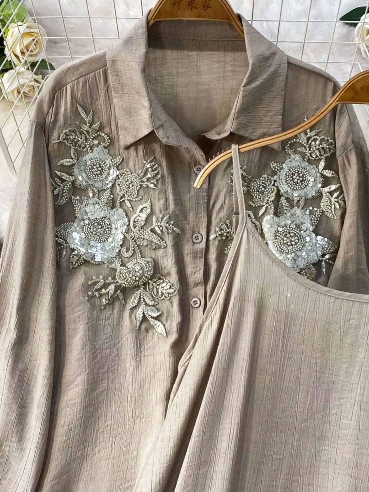 Sequin Flower Button Up Shirt and Cami Dress Set, view 8