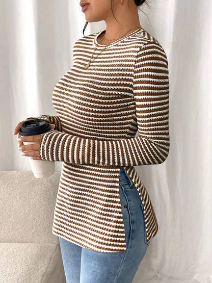 Side Slit Striped Long Sleeve T-Shirt - Fashorio