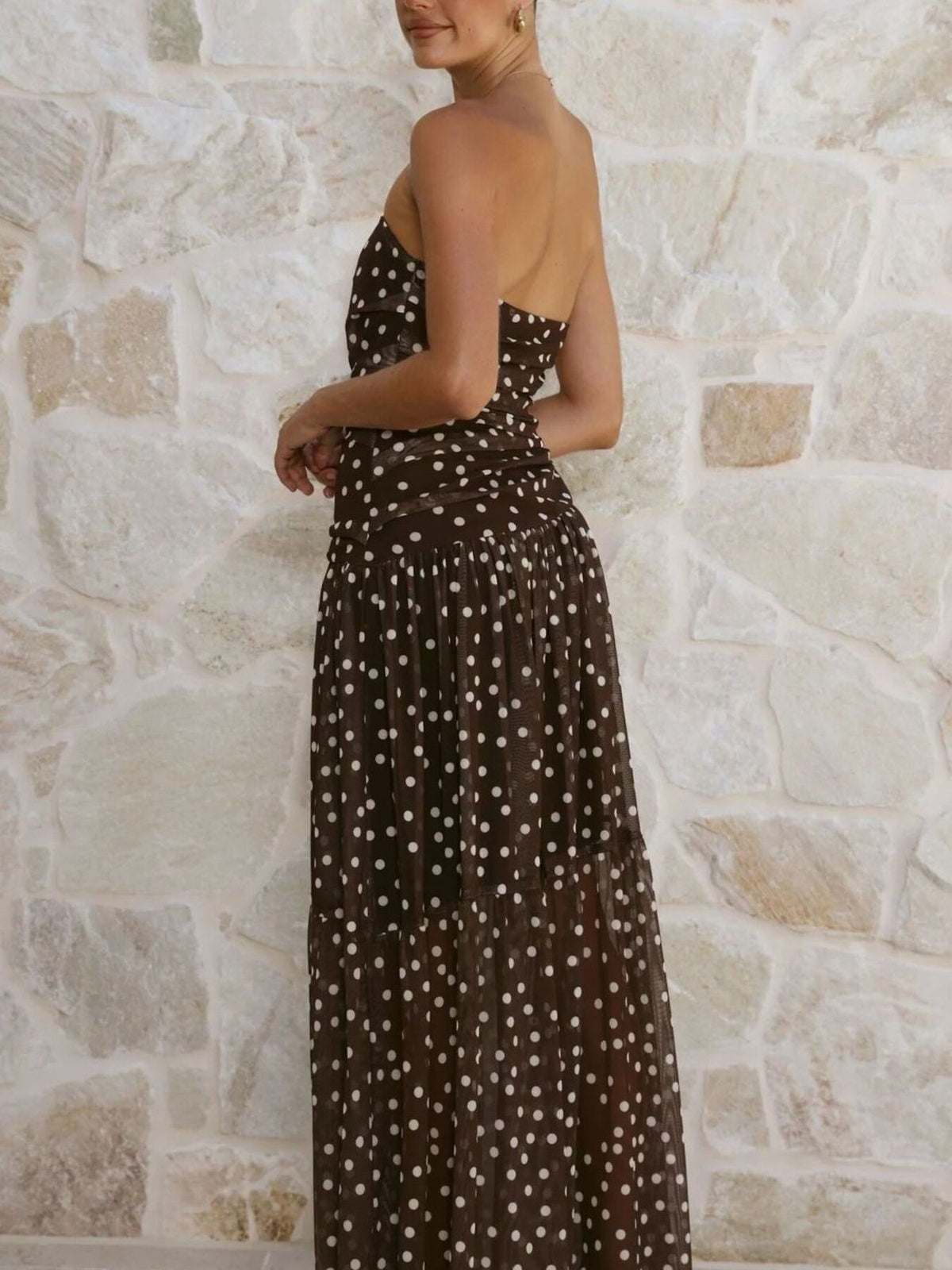 Polka dot strapless ruched maxi dress, full outfit view