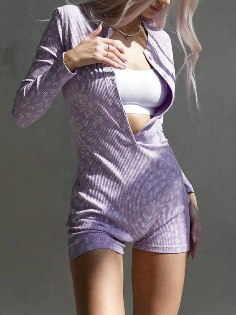 Purple heart print ribbed button up romper, front view