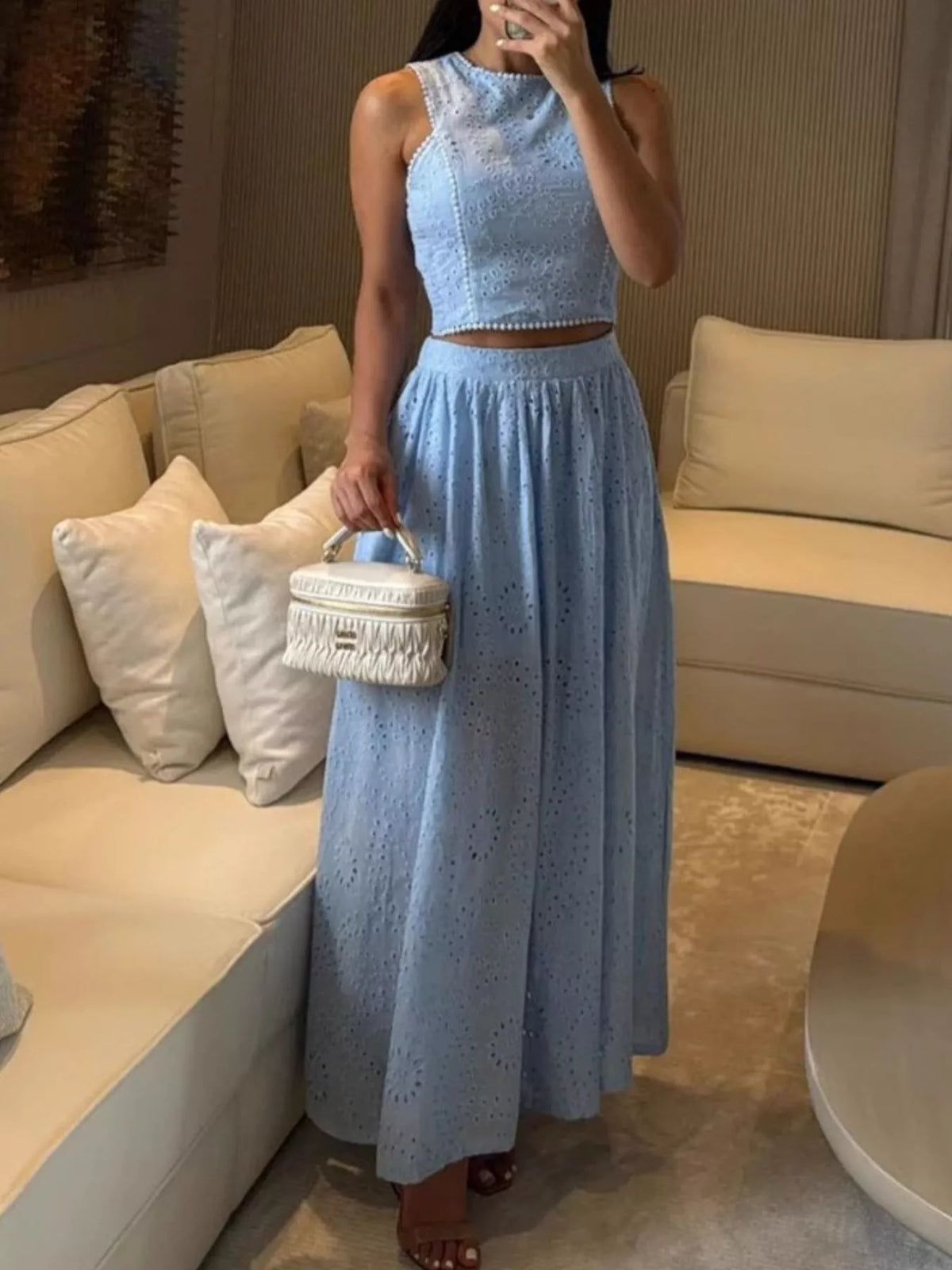 Eyelet crop top and maxi skirt set openwork detail