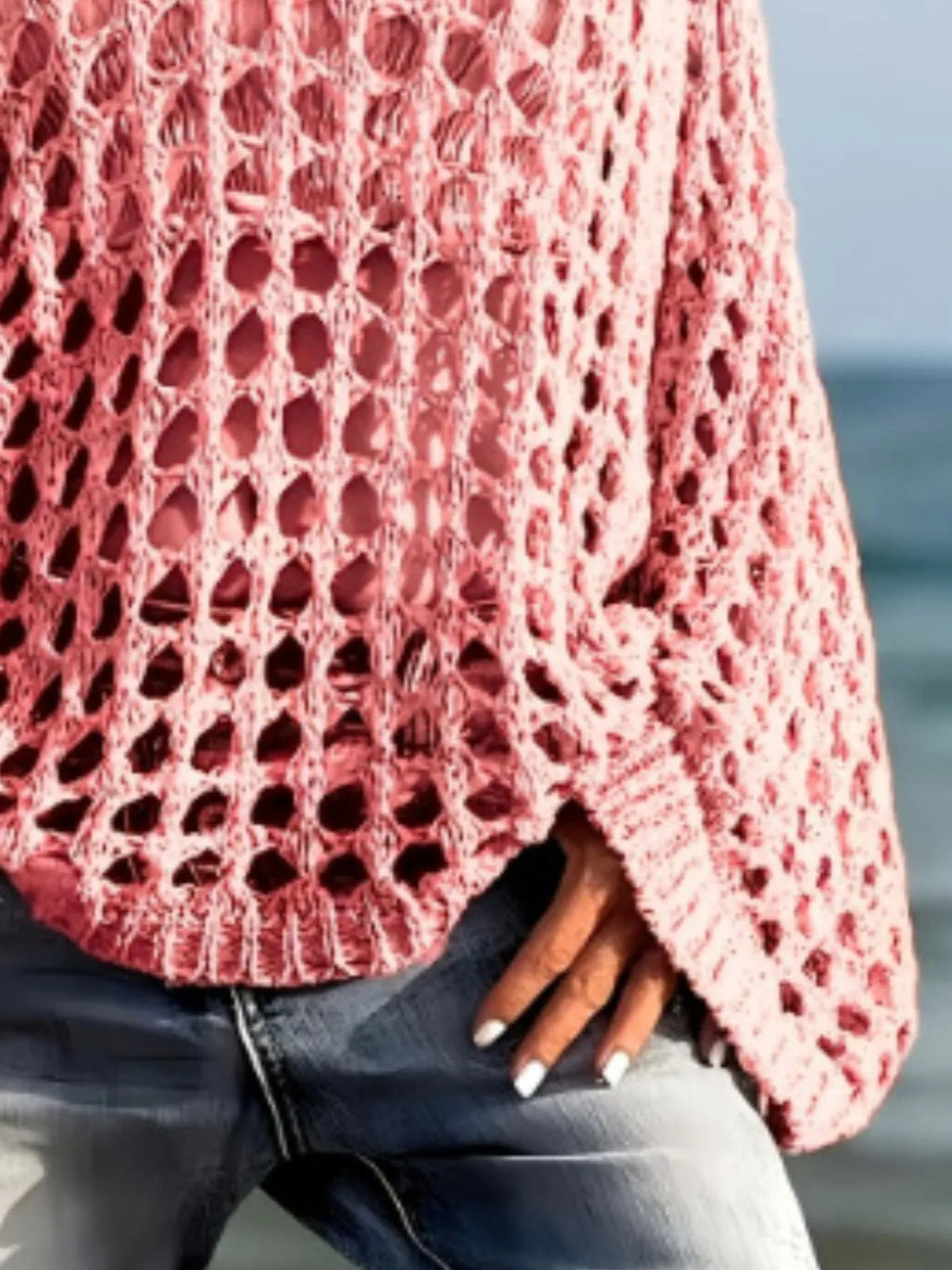 Crochet long sleeve knit cover up, worn open