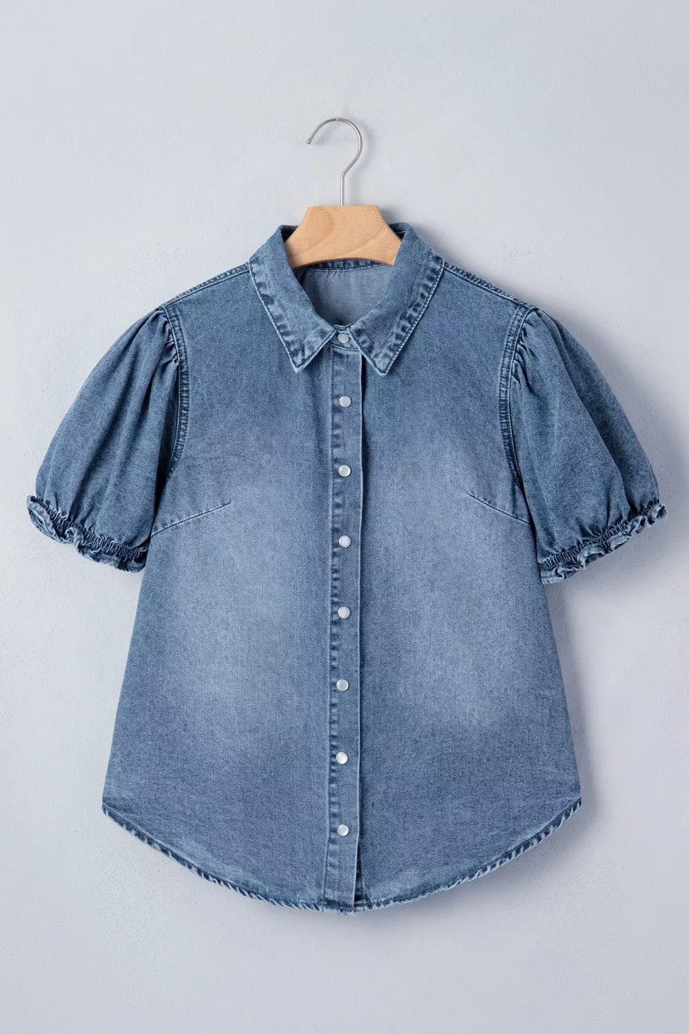 Medium wash frilled snap button denim shirt styled view