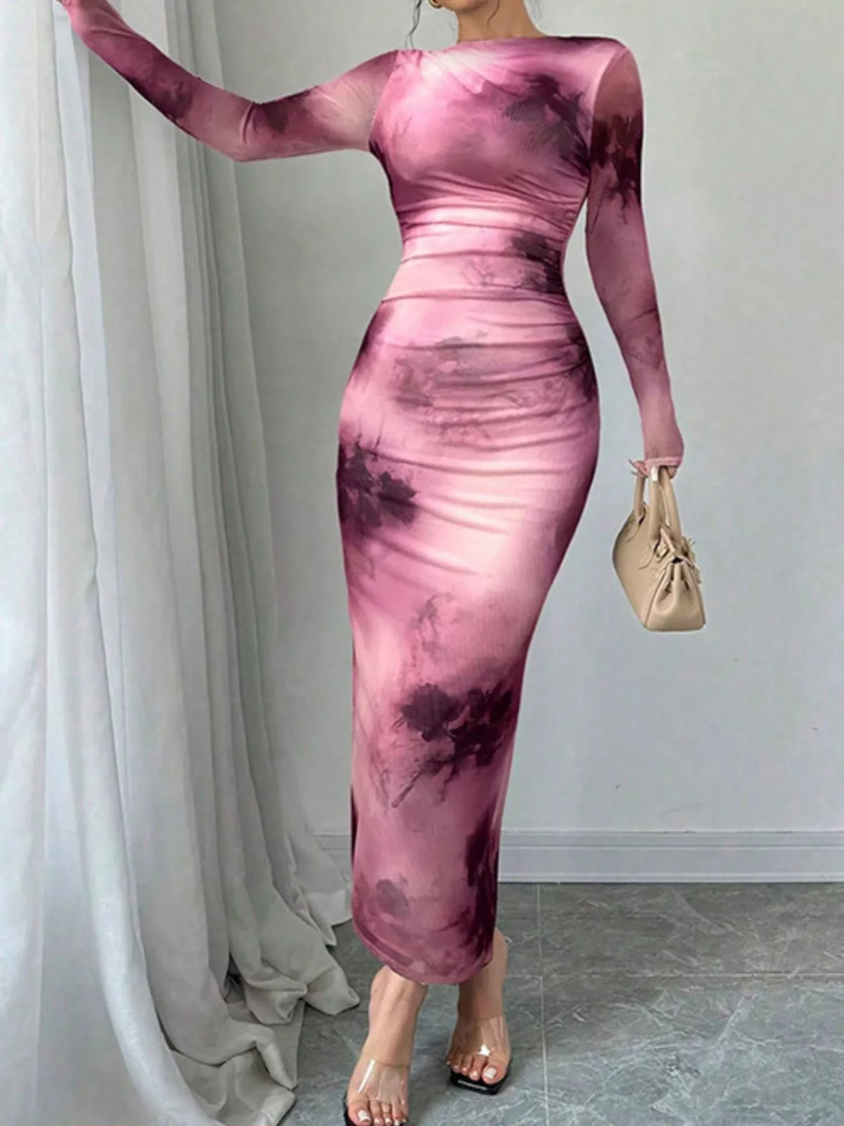 Tie dye ruched bodycon maxi dress detail view