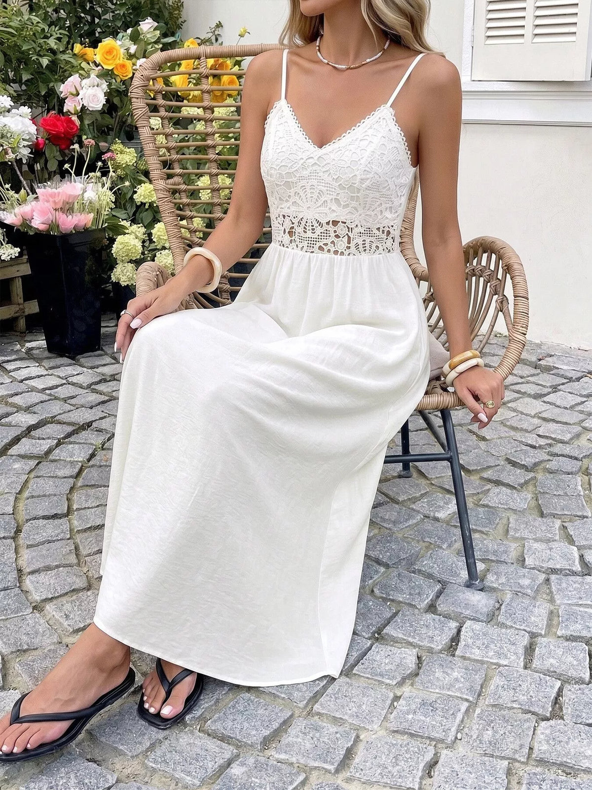 White lace flowy maxi dress side view