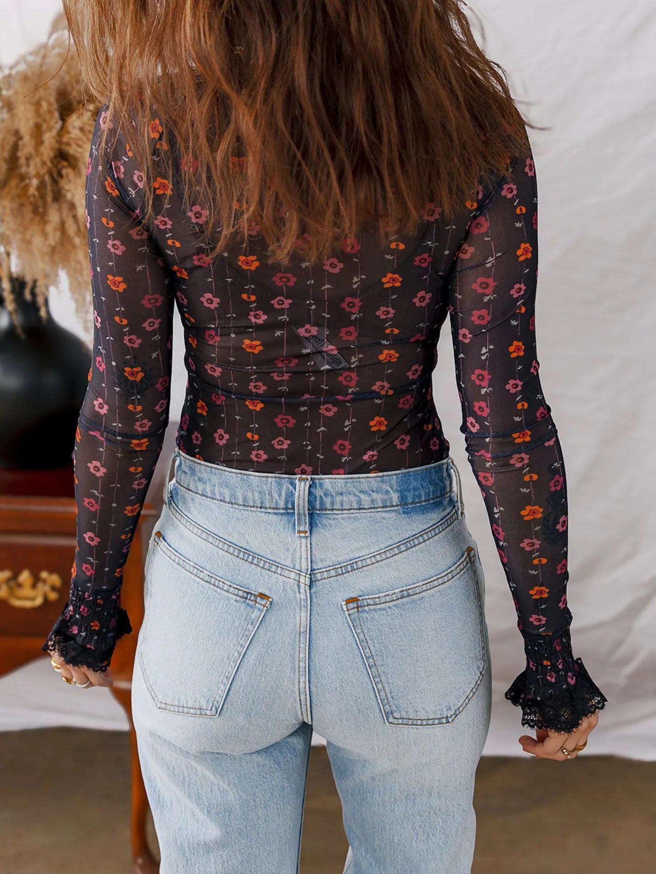 Floral Print Smocked Cuff Slim Fit Mesh Bodysuit - Fashorio