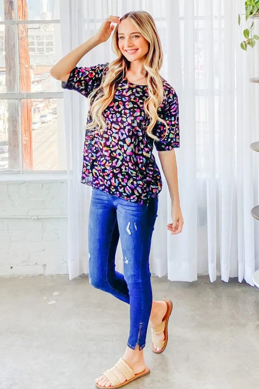 Leopard Foil Print Half Sleeve Sweater Top
