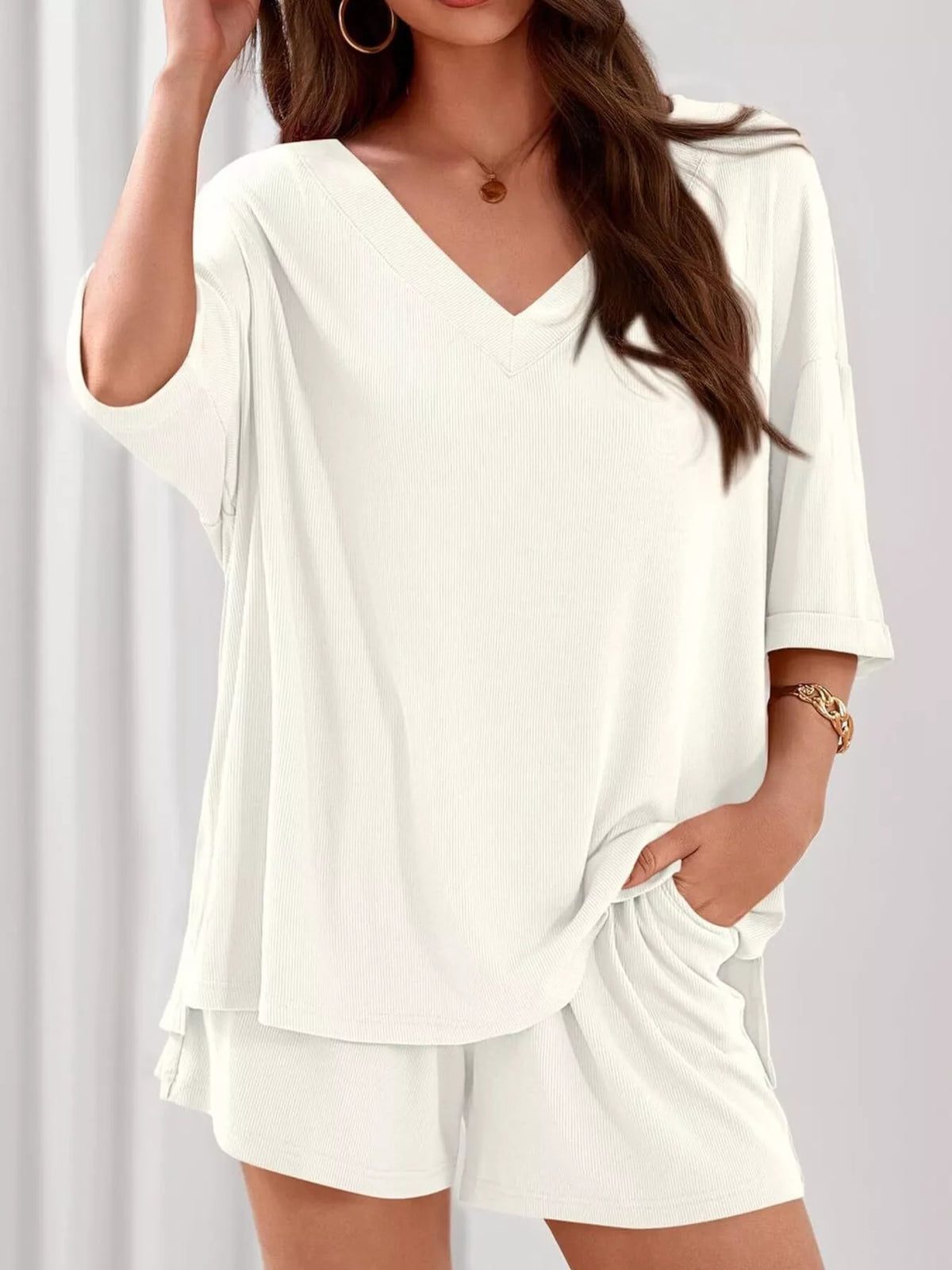 V Neck Top and Shorts Two Piece Set, view 26