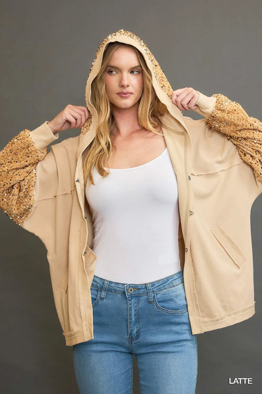 Oversized Sequined French Terry Jacket with Fringe Details LATTE - Fashorio
