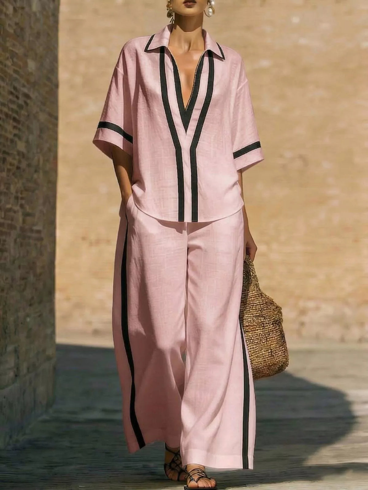 Matching top and pants set full outfit view