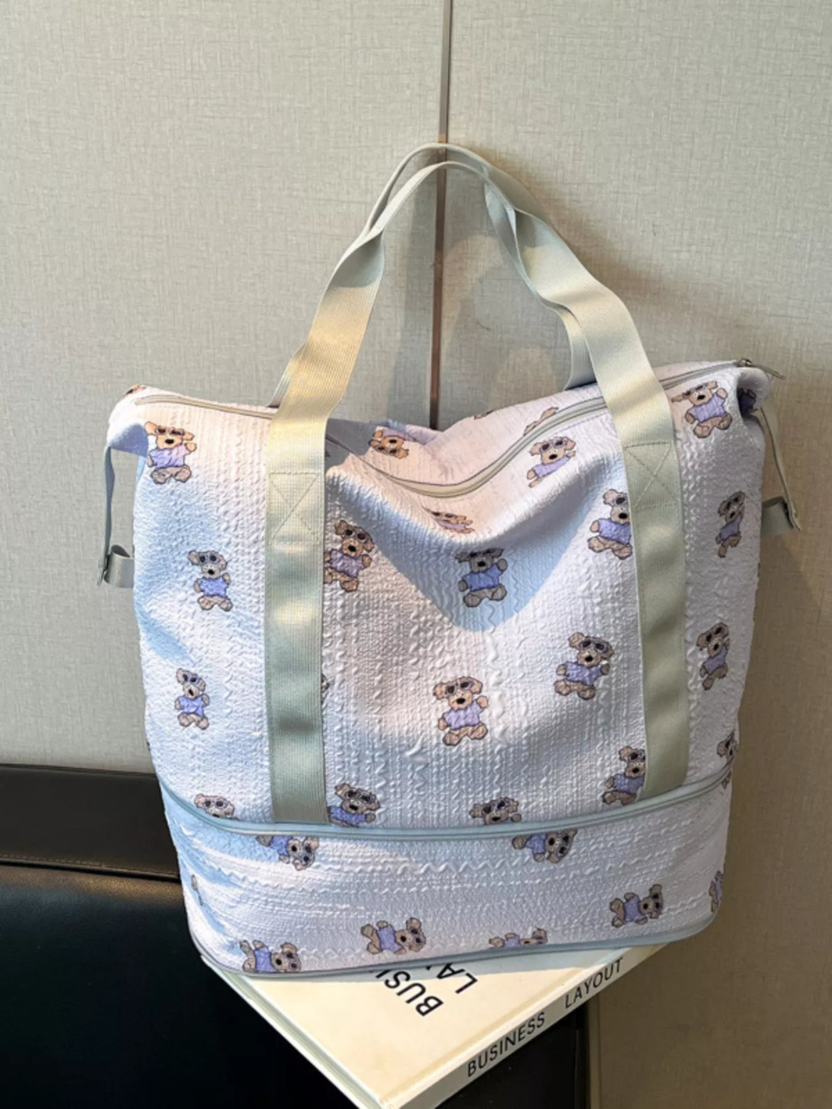 Nylon teddy bear print travel bag side view
