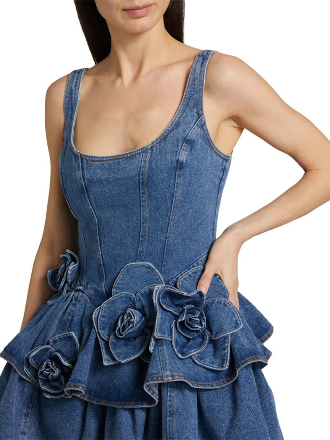 Ruffled Layered Scoop Neck Denim Dress - Fashorio