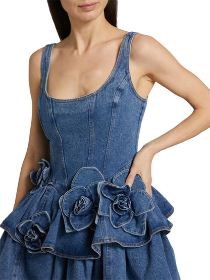 Ruffled Layered Scoop Neck Denim Dress - Fashorio