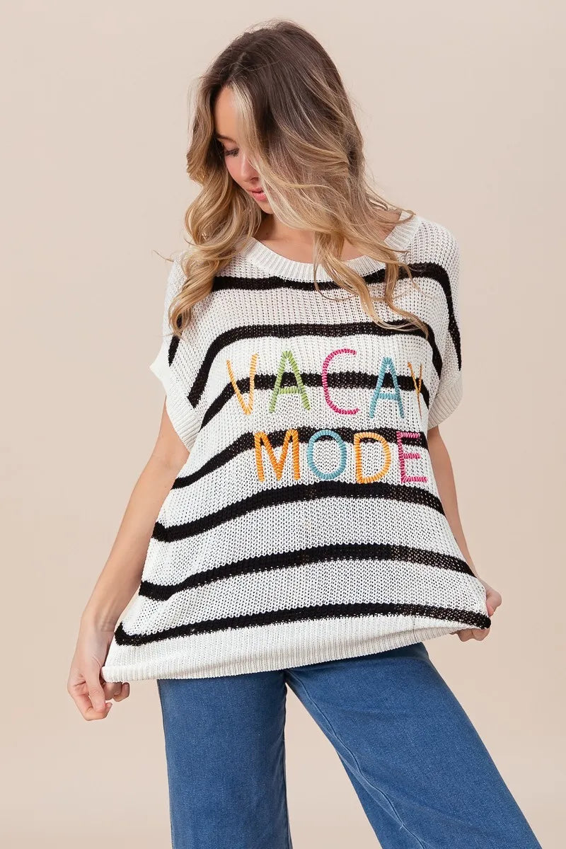 BiBi Vacay Mode Lettering Drop Shoulder Striped Sweater - Fashorio