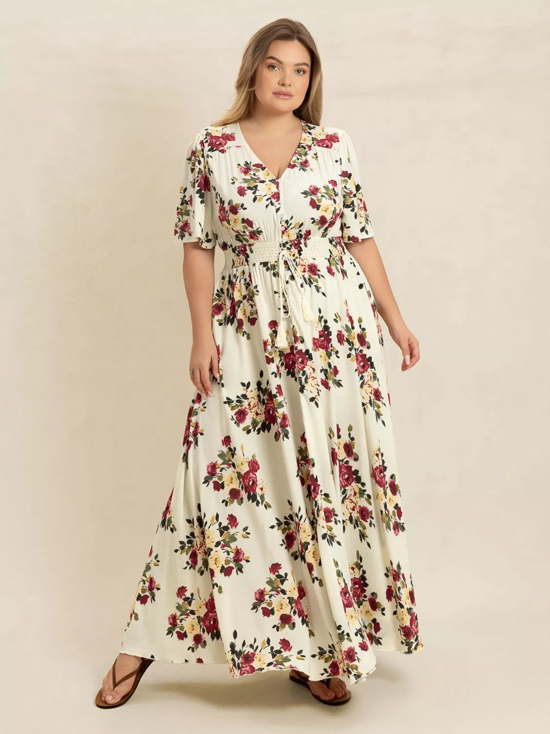 Pastel yellow floral flutter sleeve button front maxi dress full length view