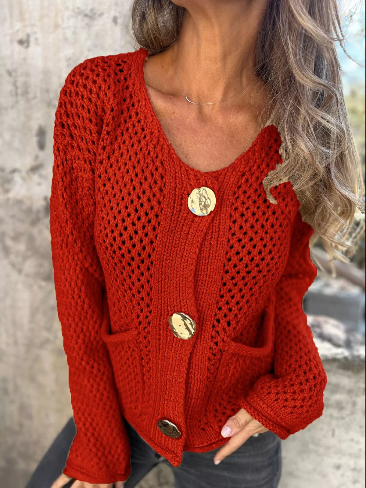 crochet button up cardigan close up of the neckline