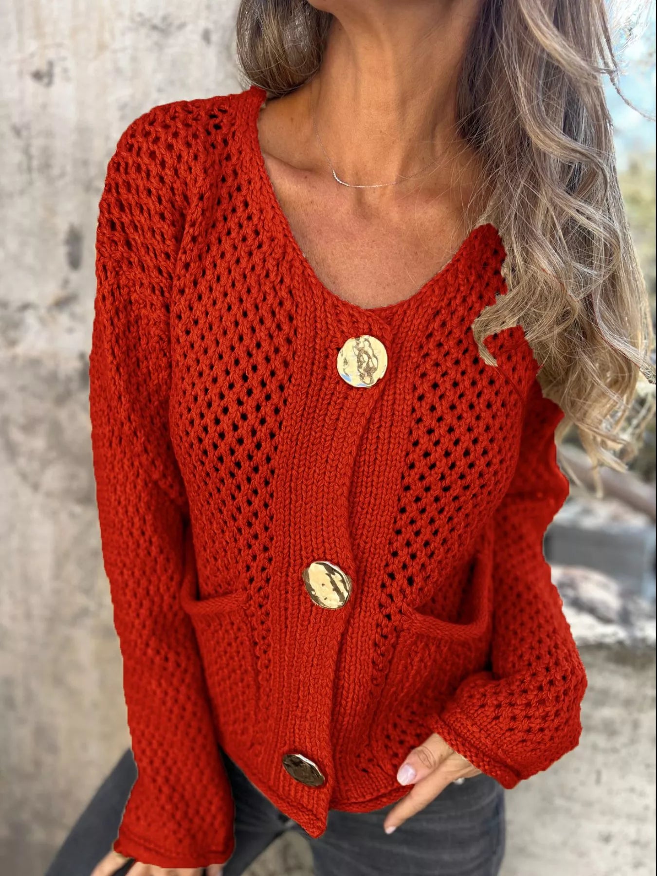 Crochet Button Up Long Sleeve Cardigan Red - Fashorio