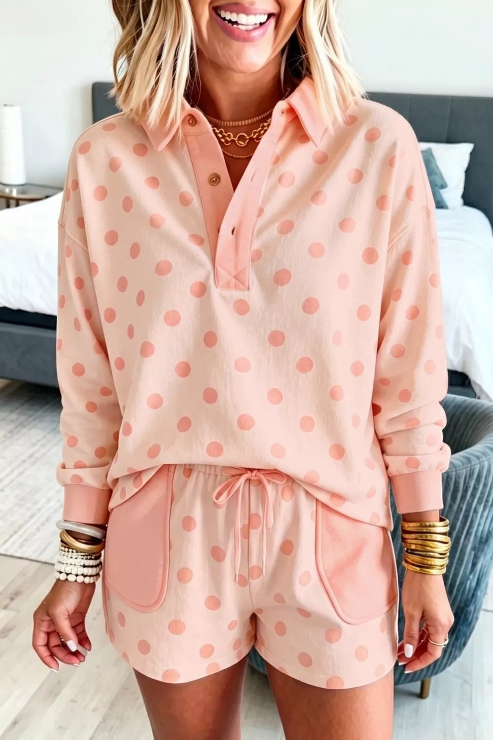 Polka dot drop shoulder polo and shorts two piece set