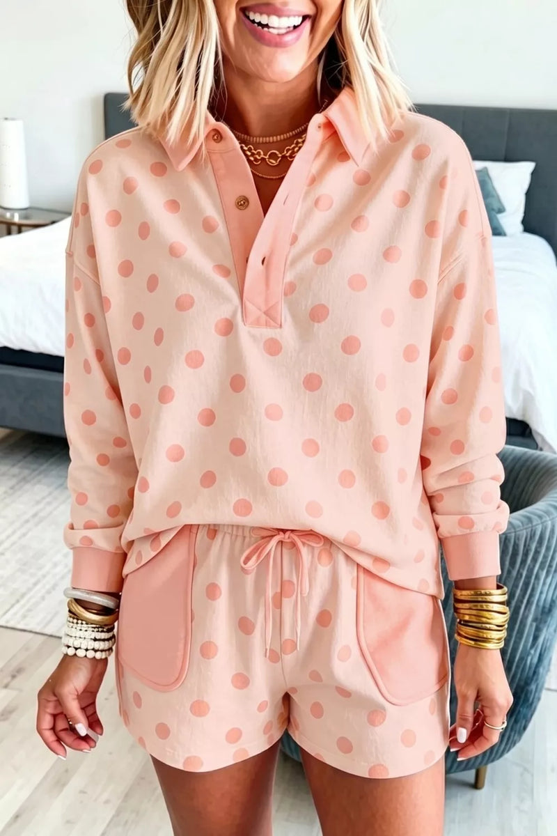 Polka dot drop shoulder polo and shorts two piece set