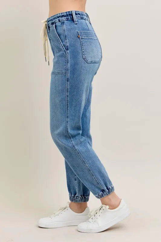 High waist denim joggers back view
