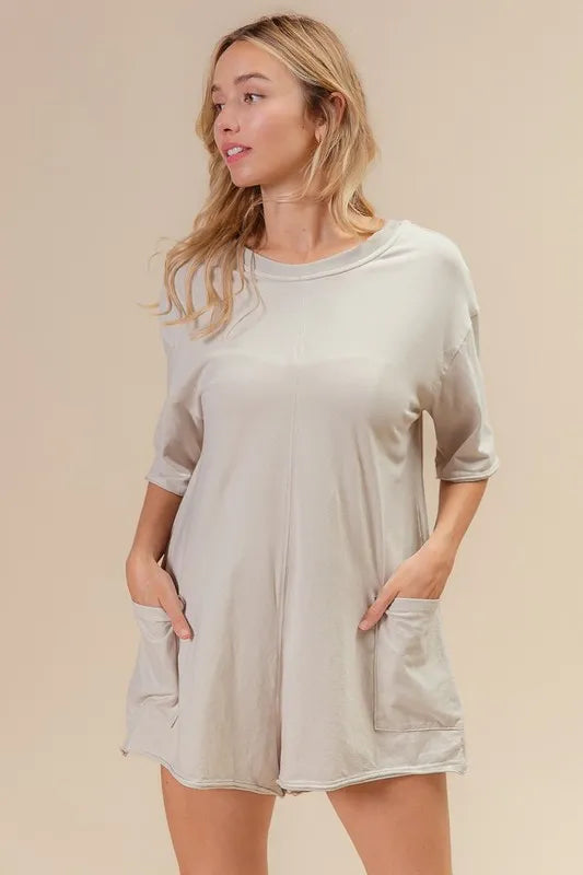 BiBi Short Sleeve Back Open Washed Romper - Fashorio