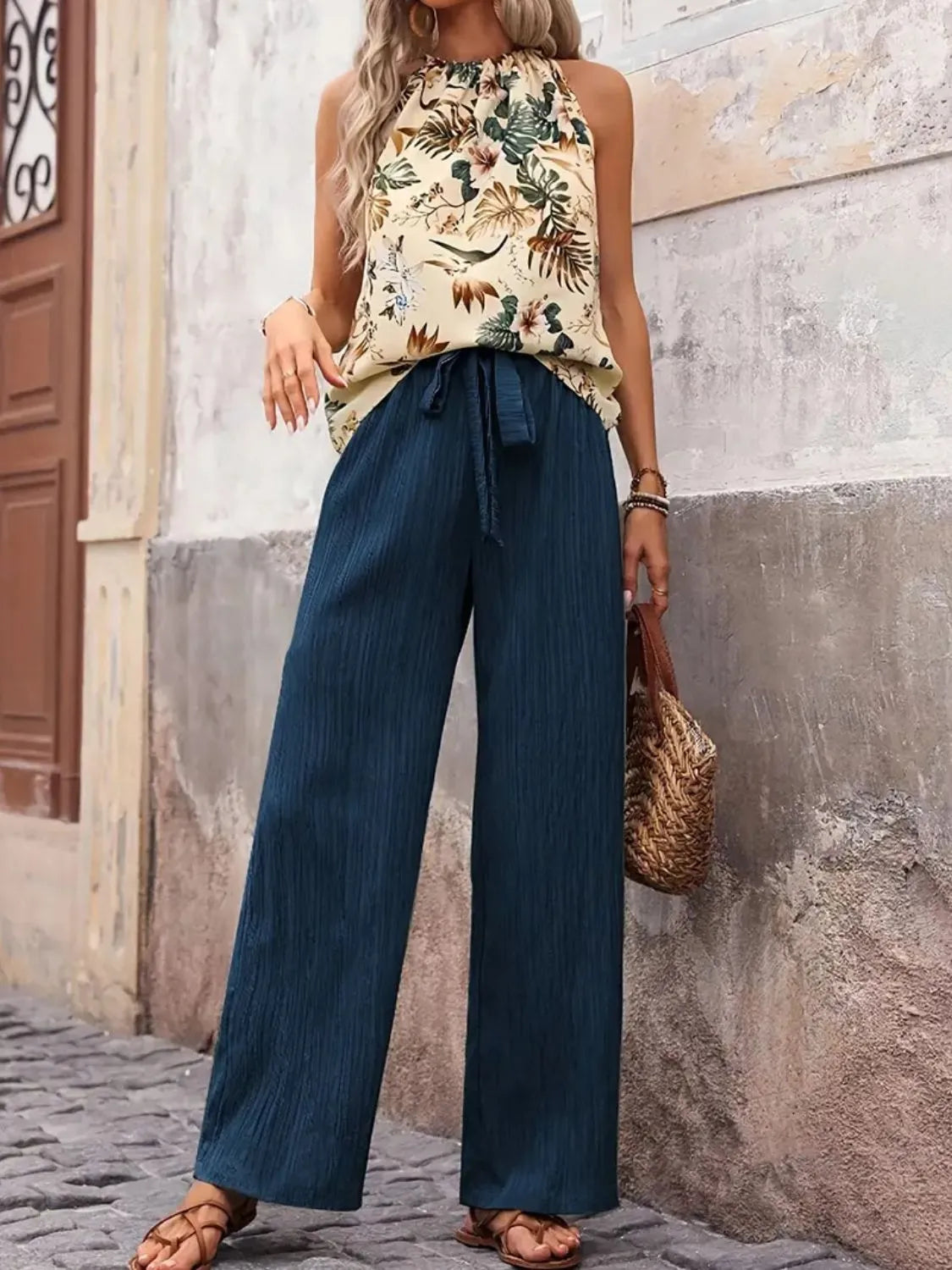 Printed Tank Top and Wide Leg Pants Set Peacock Blue - Fashorio