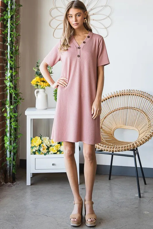 Solid Ribbed Mini Dress with Button view 12