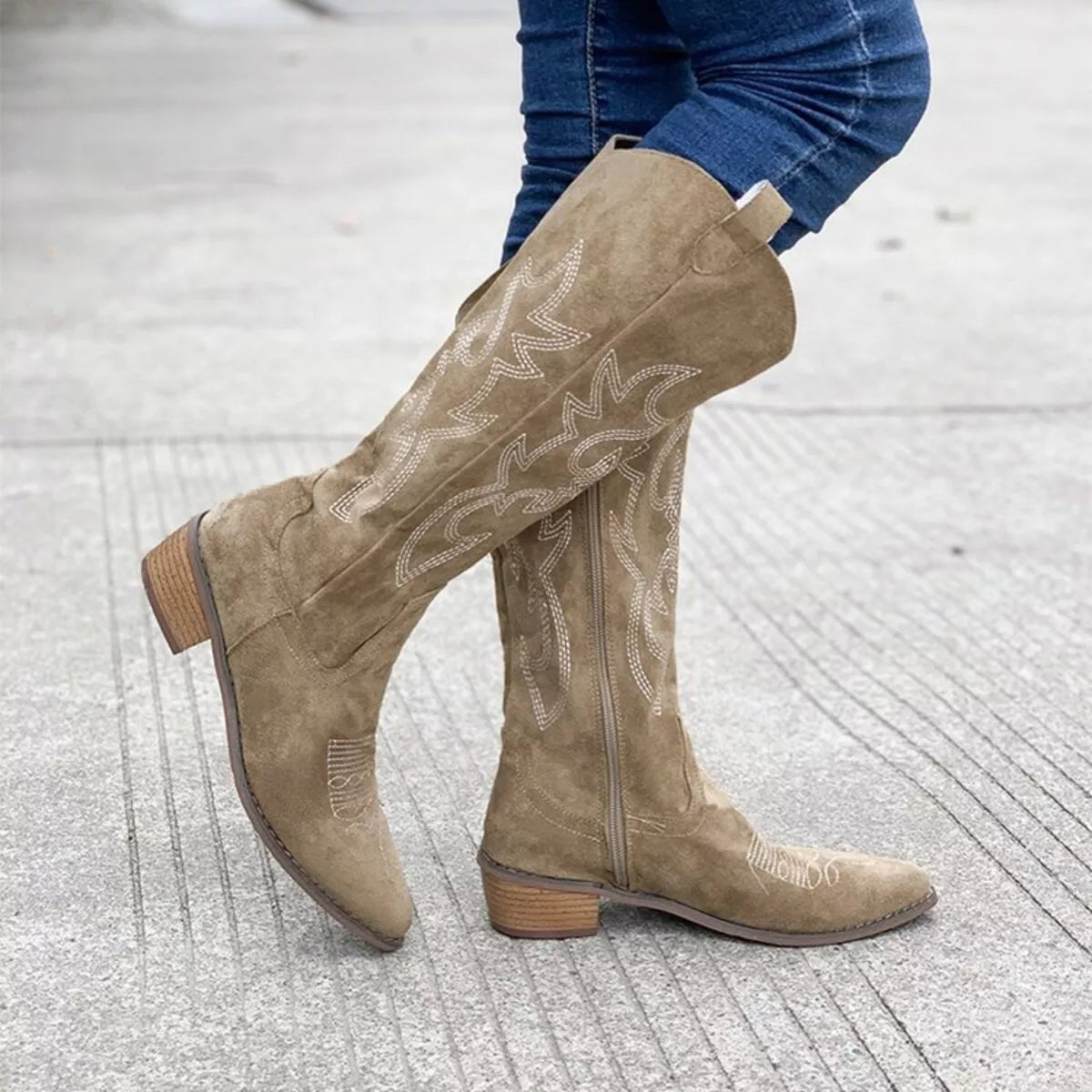 Point toe block heel suede boots front view