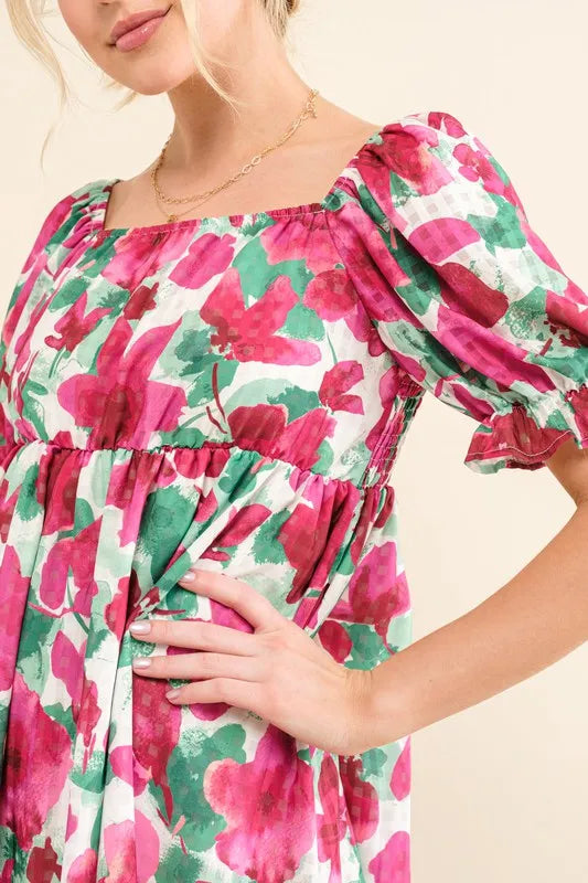 Smocked Floral Ruffle Mini Dress in Fuchsia close up