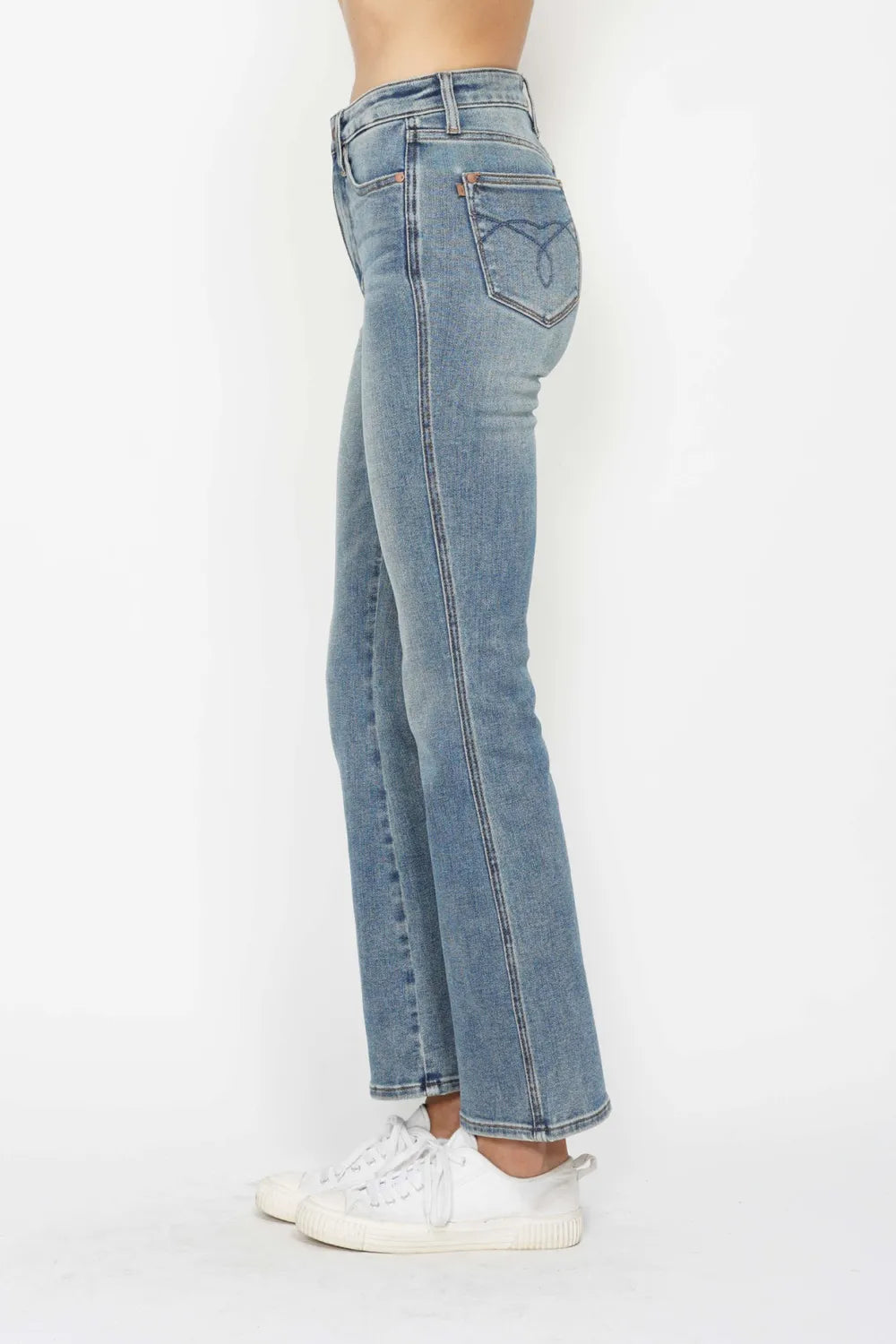Bootcut jeans with tummy control waist shown from the side