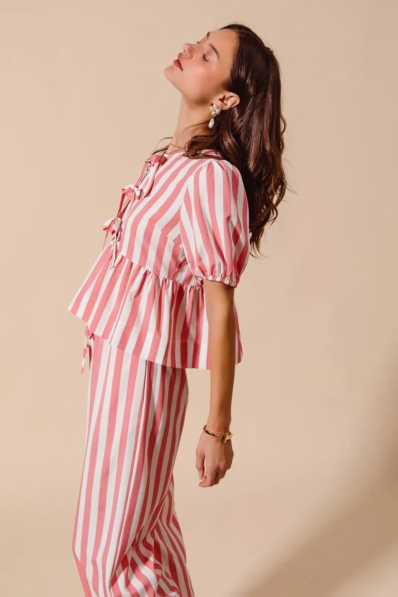 SO ME Front Tie Stripe Top With Puff Sleeves and Wide Leg Pants Set - Fashorio
