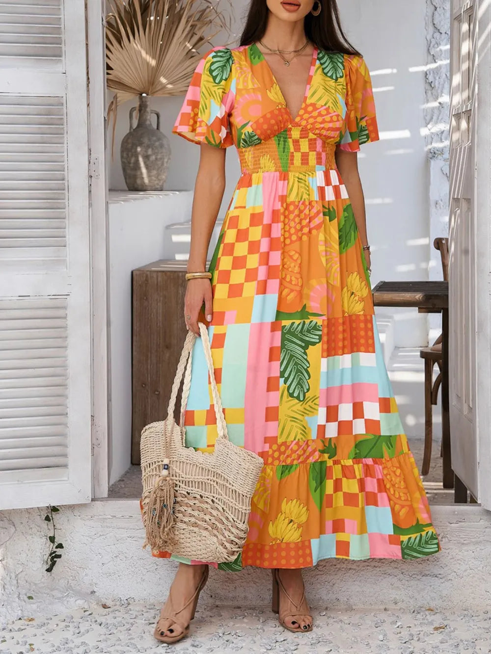 Printed maxi dress skirt drape