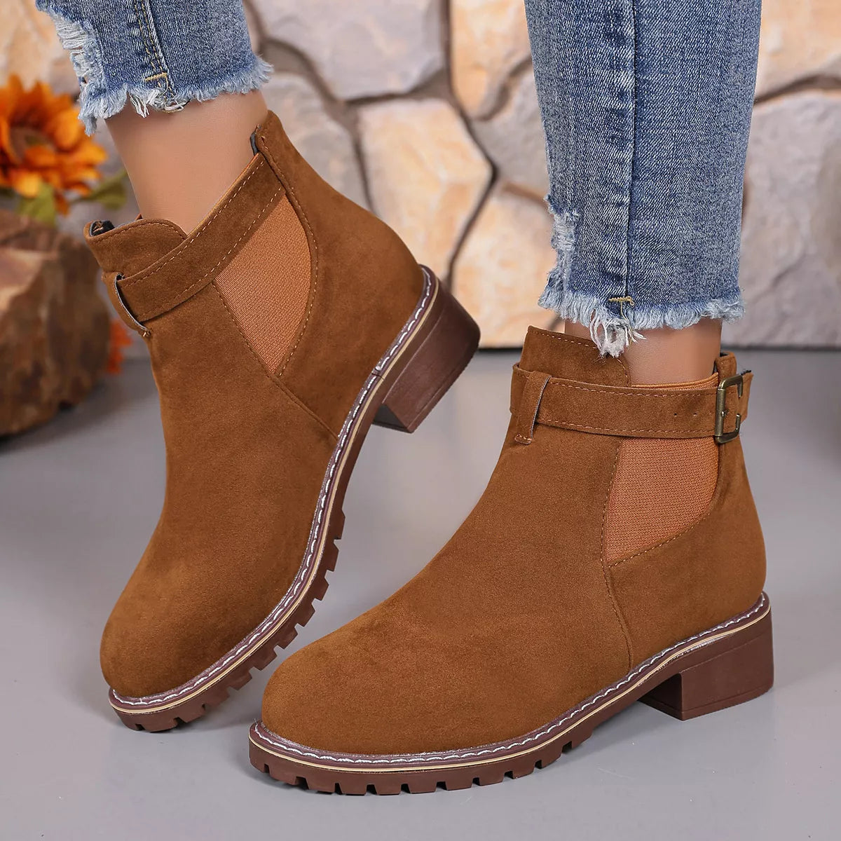 Round toe block heel boots angled pair