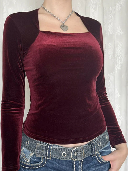 Velvet Long Sleeve Square Neck T-Shirt - Fashorio