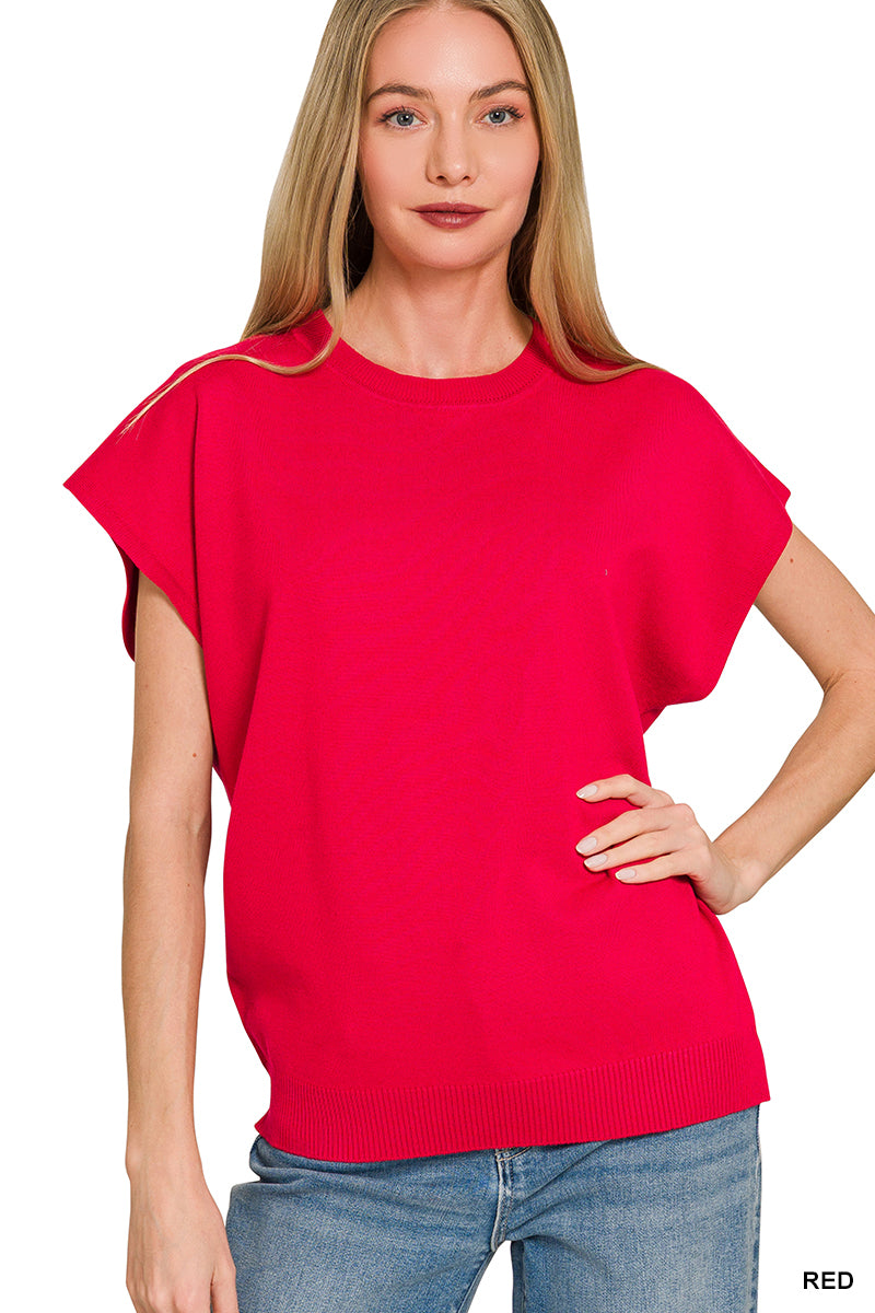 Red short sleeve knit sweater ribbed hem detail