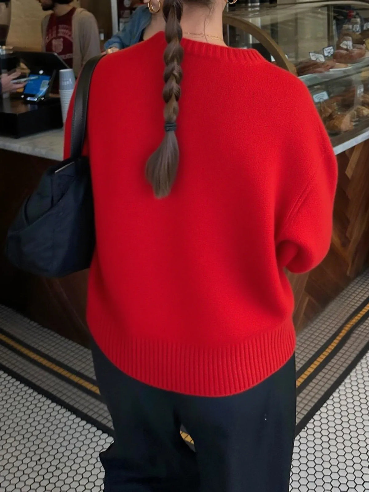 ribbed crewneck drop shoulder oversized sweater styled on model
