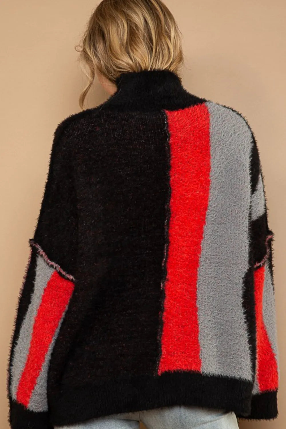 POL Turtleneck Color Block Fringe Detail Sweater - Fashorio