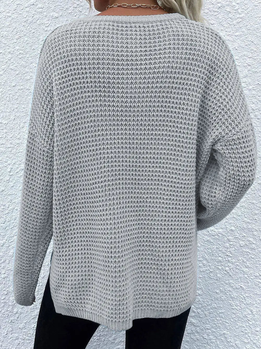Notched Long Sleeve Sweater - Fashorio