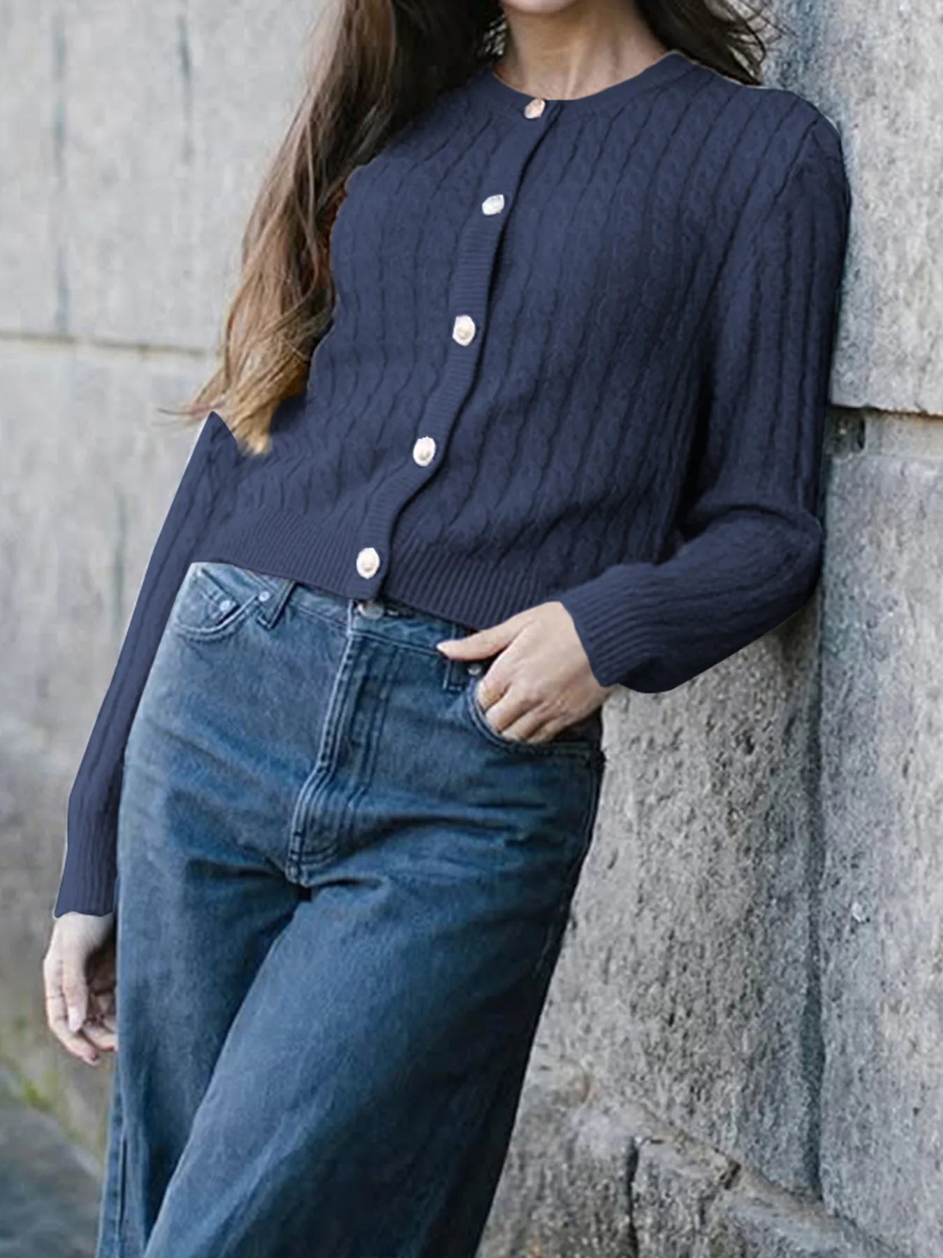 Devine Cable Knit Button-Up Cardigan