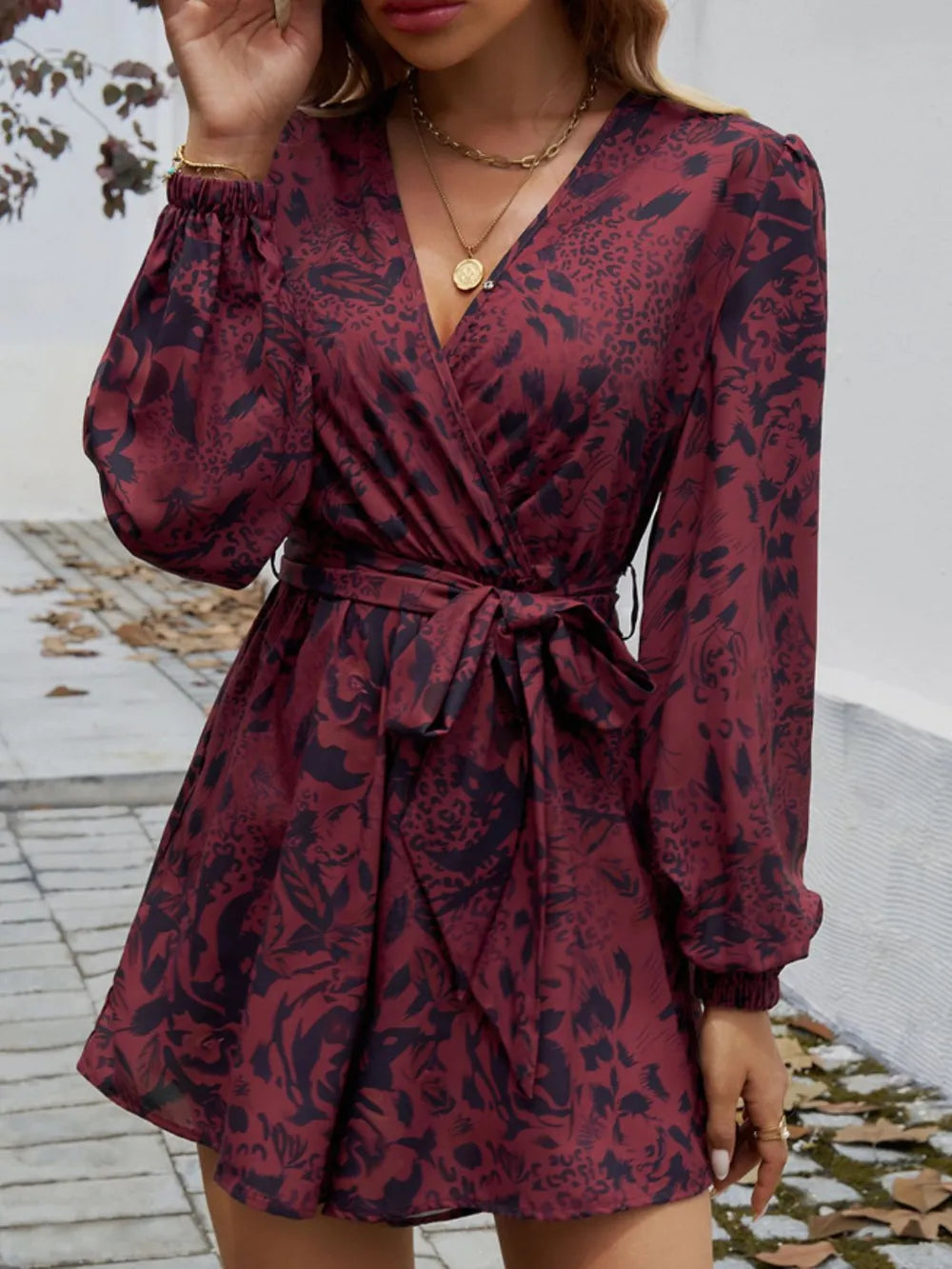 Devine Dark Brown / S Devine Tied Surplice Long Sleeve Romper