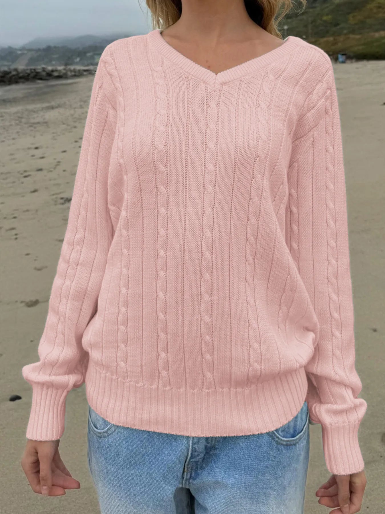 Devine Knit Tops Cable Knit V-Neck Pullover Sweater