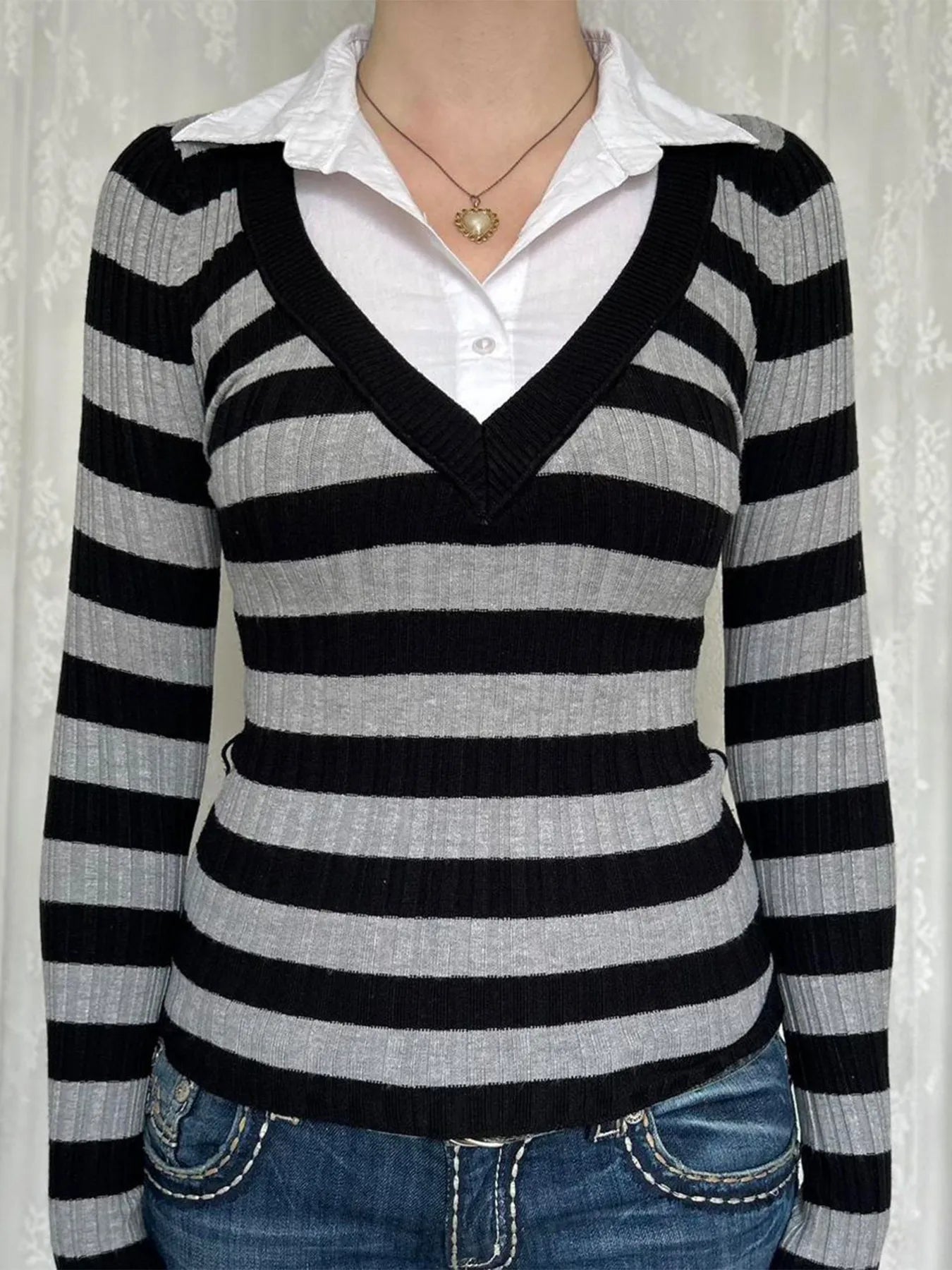 Devine Knit Tops Contrast Collar Striped Long Sleeve Knit Top