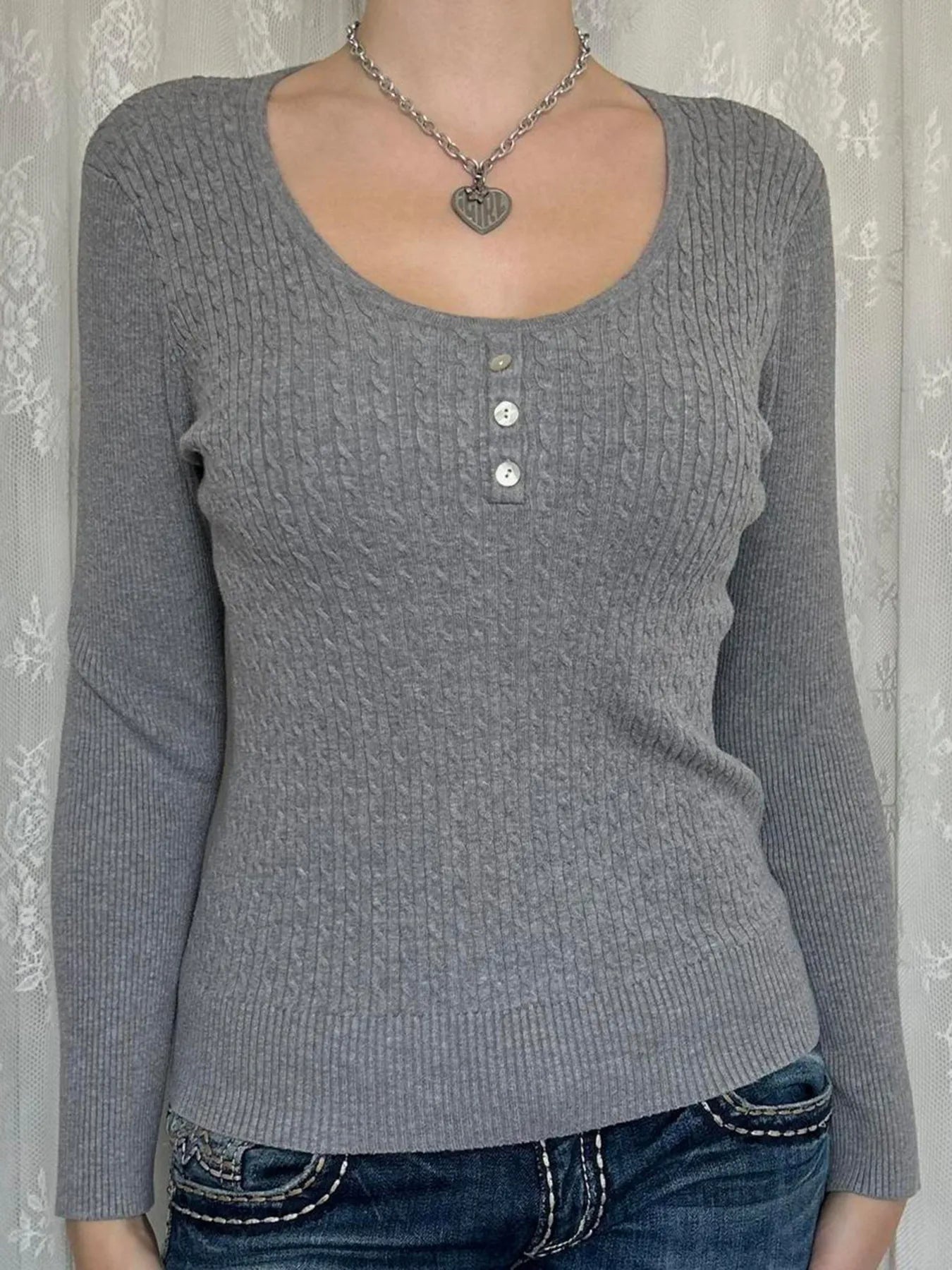 Devine Knit Tops Gray / S Button Detail Long Sleeve Cable Knit Top