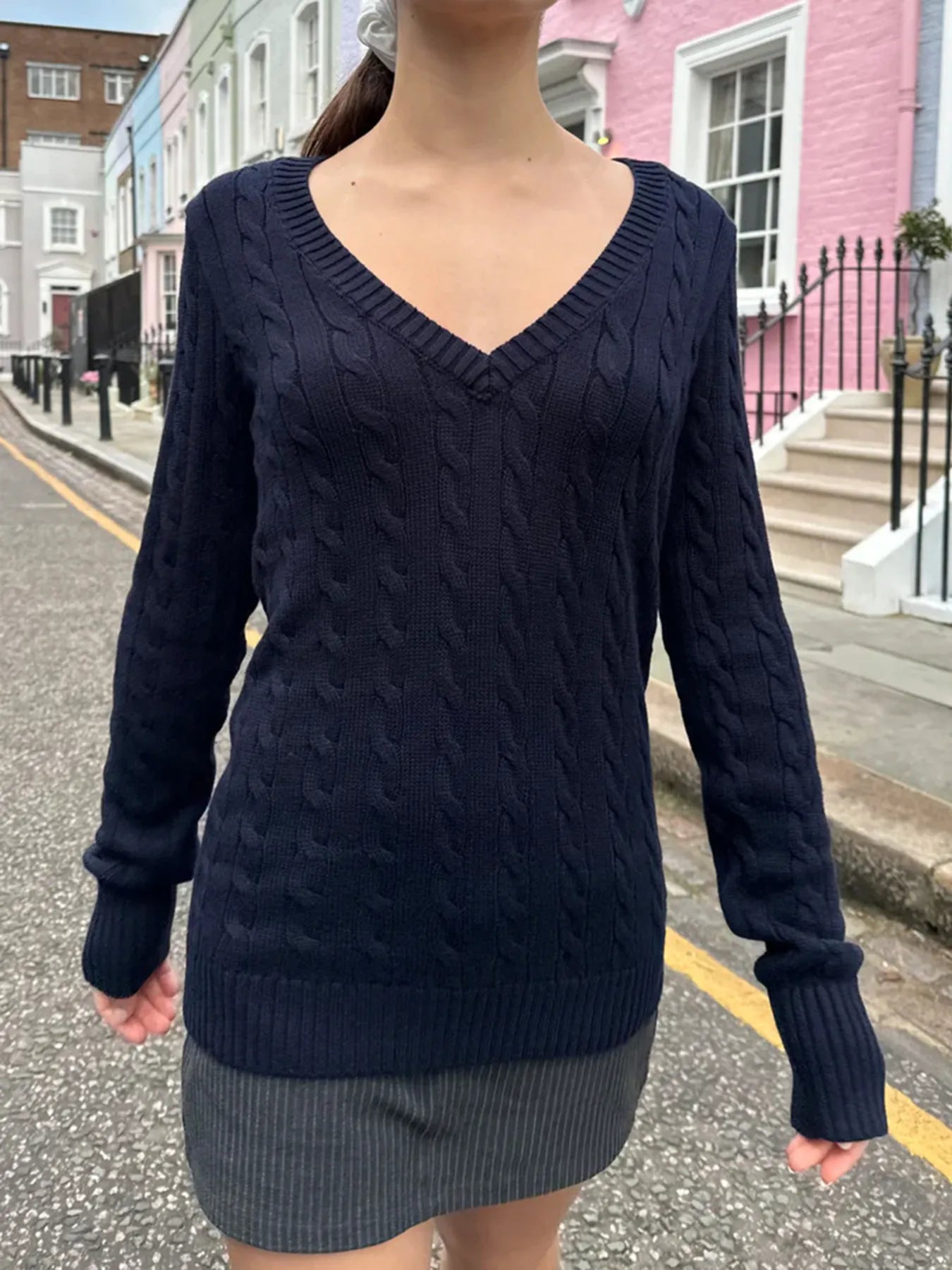Devine Knit Tops Navy / S Cable Knit V-Neck Sweater