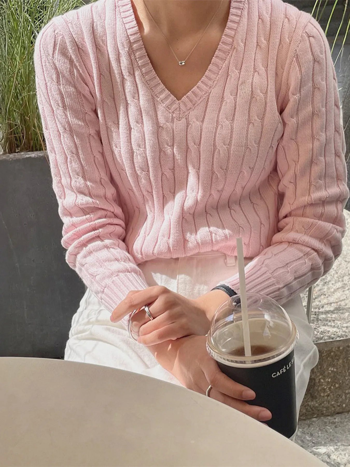 Devine Knit Tops Pink / S Cable Knit V-Neck Pullover Sweater