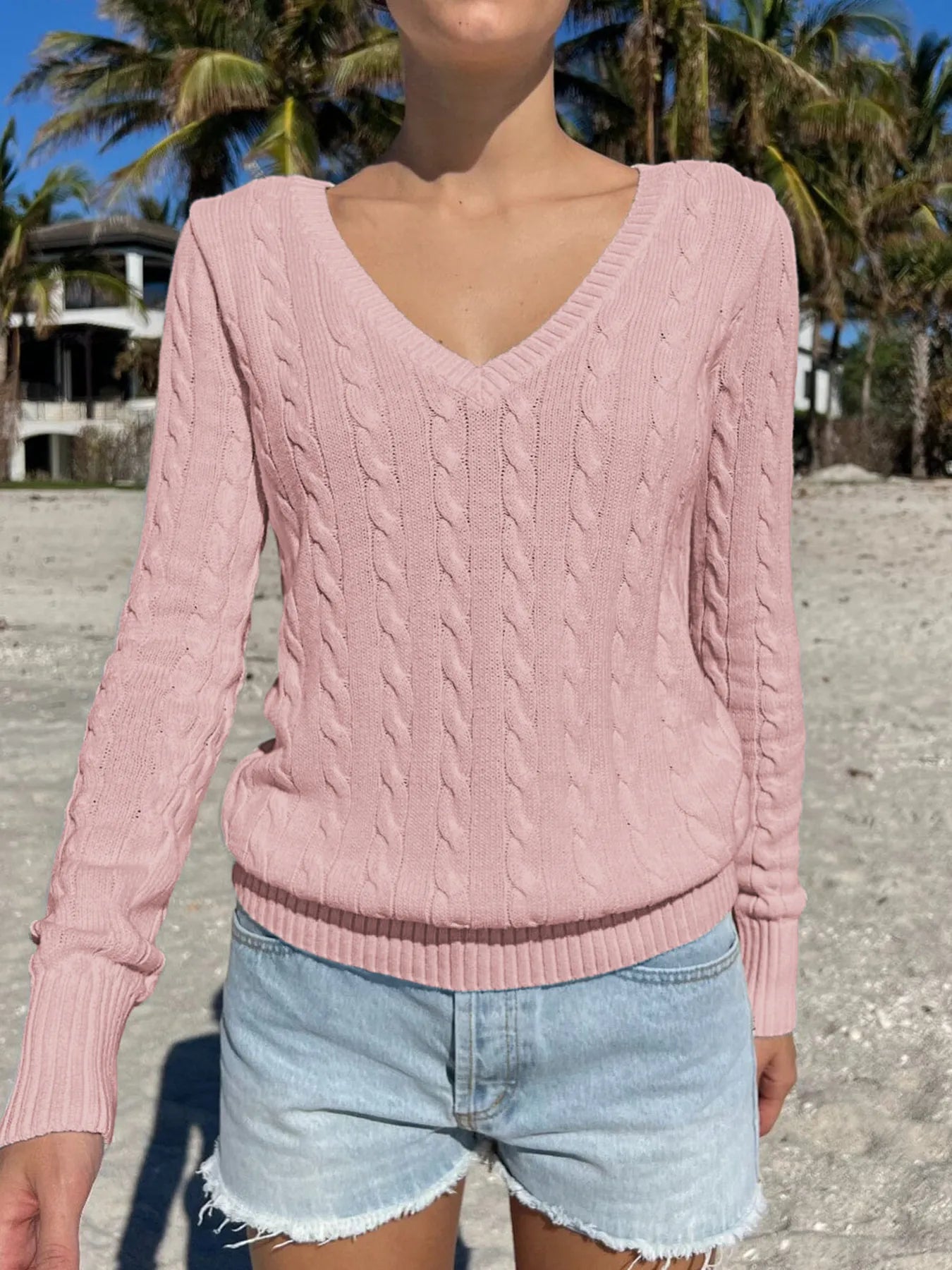 Devine Knit Tops Pink / S Cable Knit V-Neck Sweater